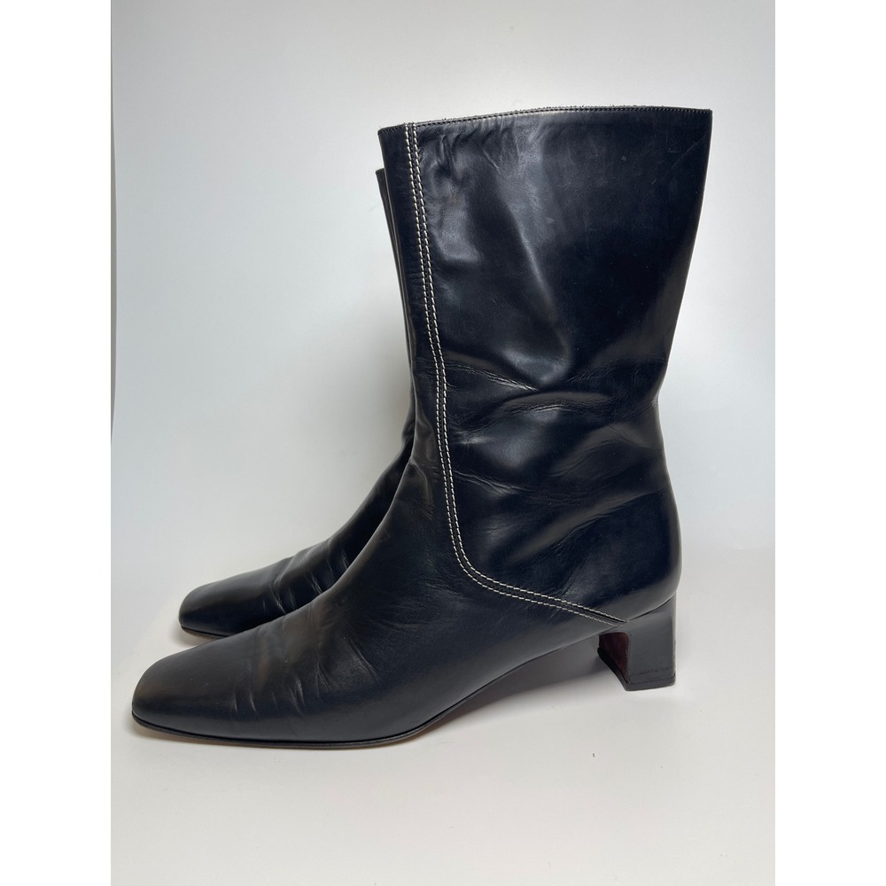Cole Haan Country 10 Black Leather Square Toe Mid Calf Boots Block Heel Italy